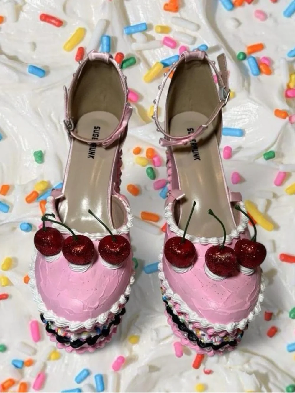 Pink Fake Cake Cherry Platform Heels